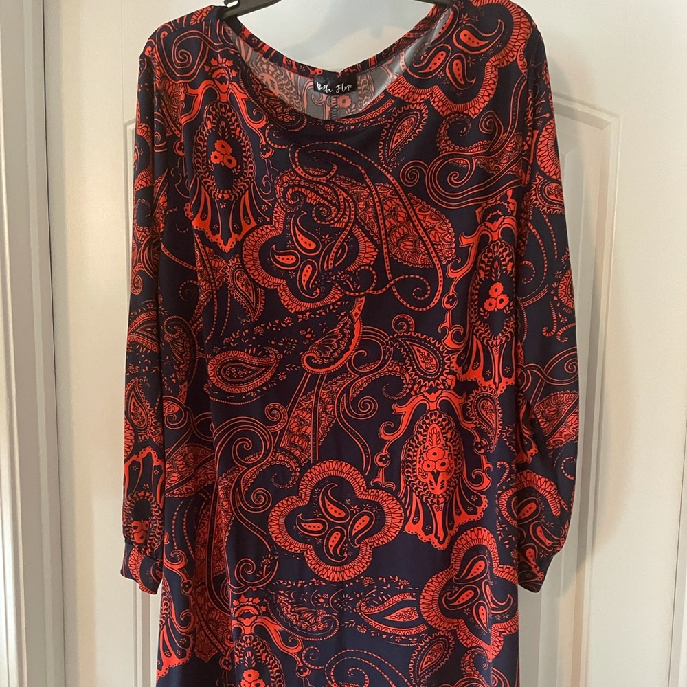 Navy/Orange paisley long sleeve dress